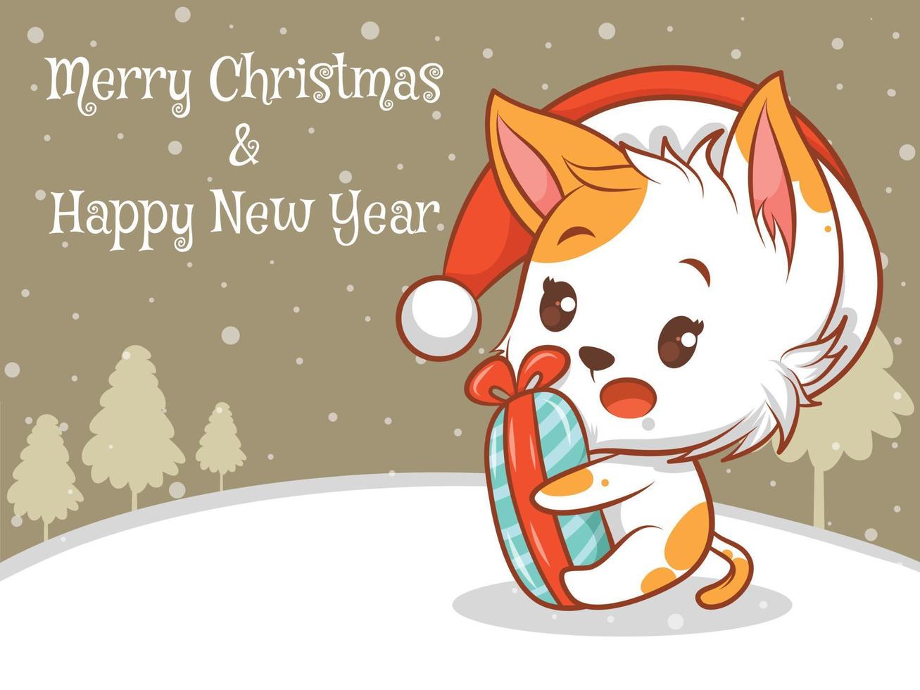 Lindo personaje de dibujos animados de gato con pancarta de saludo de feliz navidad y feliz año nuevo. vector