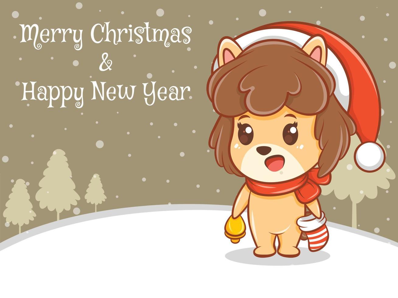 cute puppy cartoon character with merry Christmas and happy new year greeting banner. vector