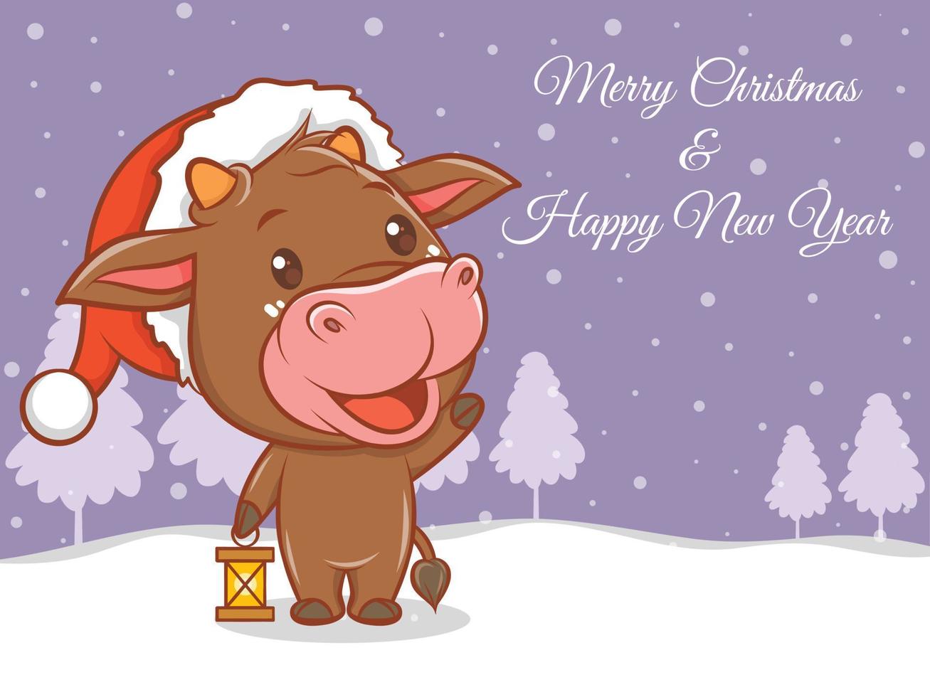 Lindo personaje de dibujos animados de vaca con feliz navidad y feliz año nuevo saludo banner. vector