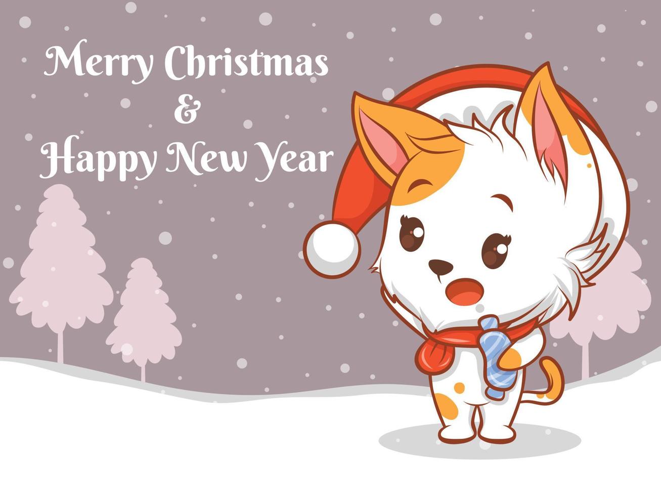 cute cat cartoon character with merry christmas and happy new year greeting banner. vector