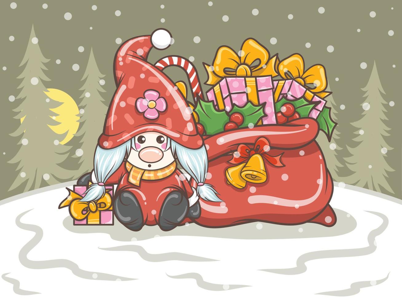 linda ilustración de niña gnomo con bolsa de regalo de navidad vector