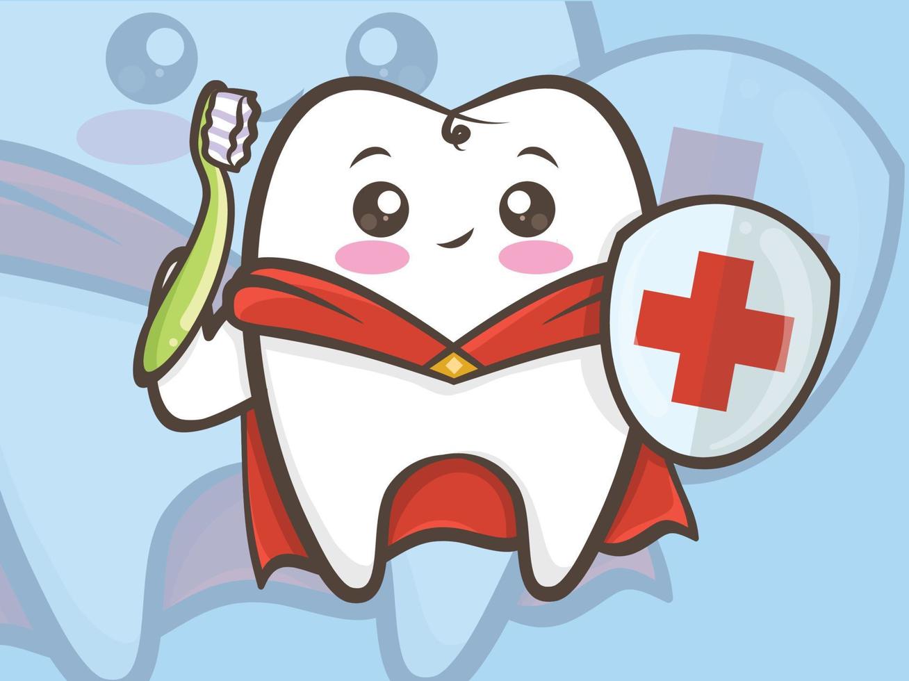 lindo superhéroe de dientes sosteniendo un cepillo de dientes y un escudo. personaje animado. vector