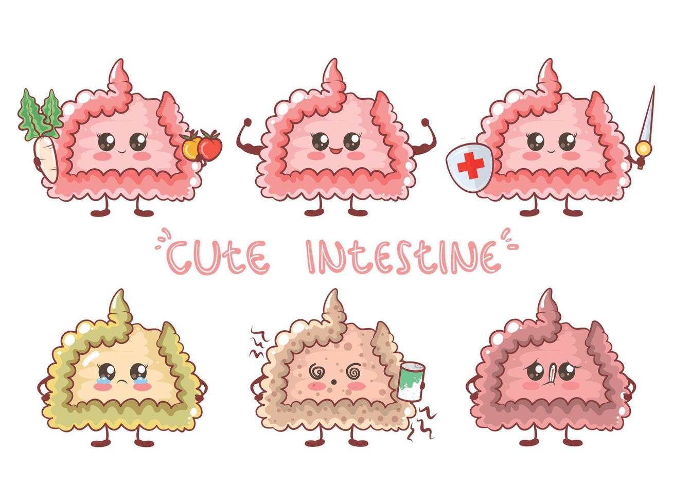 Set of cute intestine healthy and unhealthy human organ vector