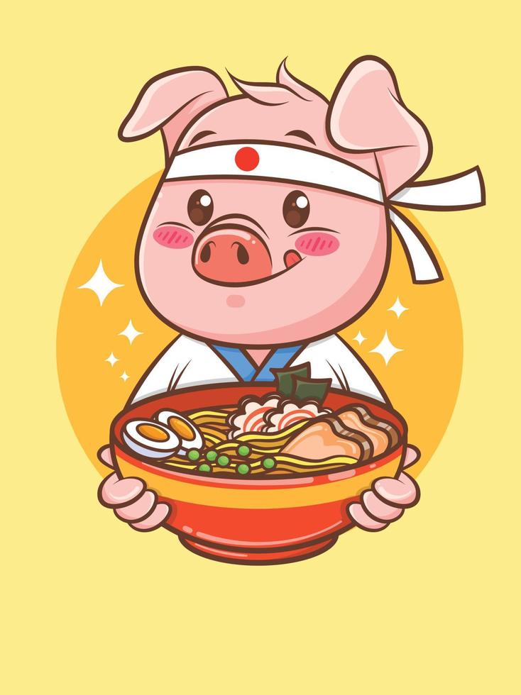 Cocinero lindo del cerdo que sostiene una comida japonesa del ramen. personaje de dibujos animados e ilustración de mascota. vector