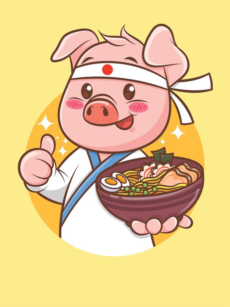 Cocinero lindo del cerdo que sostiene una comida japonesa del ramen. personaje de dibujos animados e ilustración de mascota. vector