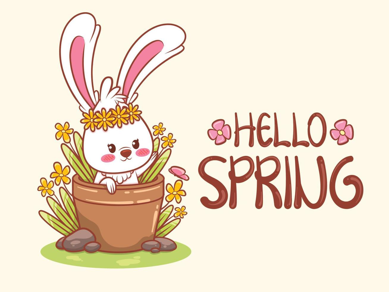 cute bunny with a flower spring. cartoon character illustration hello