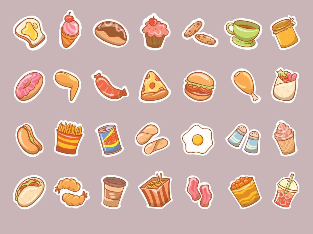 set of cute fast food sticker concept. vector