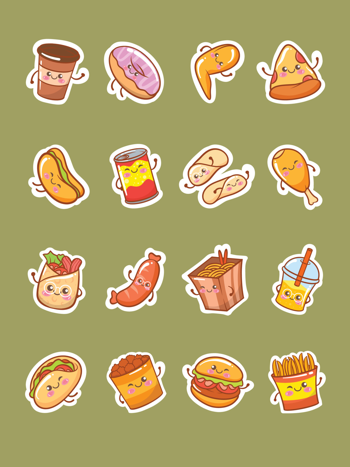 set of cute fast food icon sticker cartoon characters and illustrations.  4267350 Vector Art at Vecteezy
