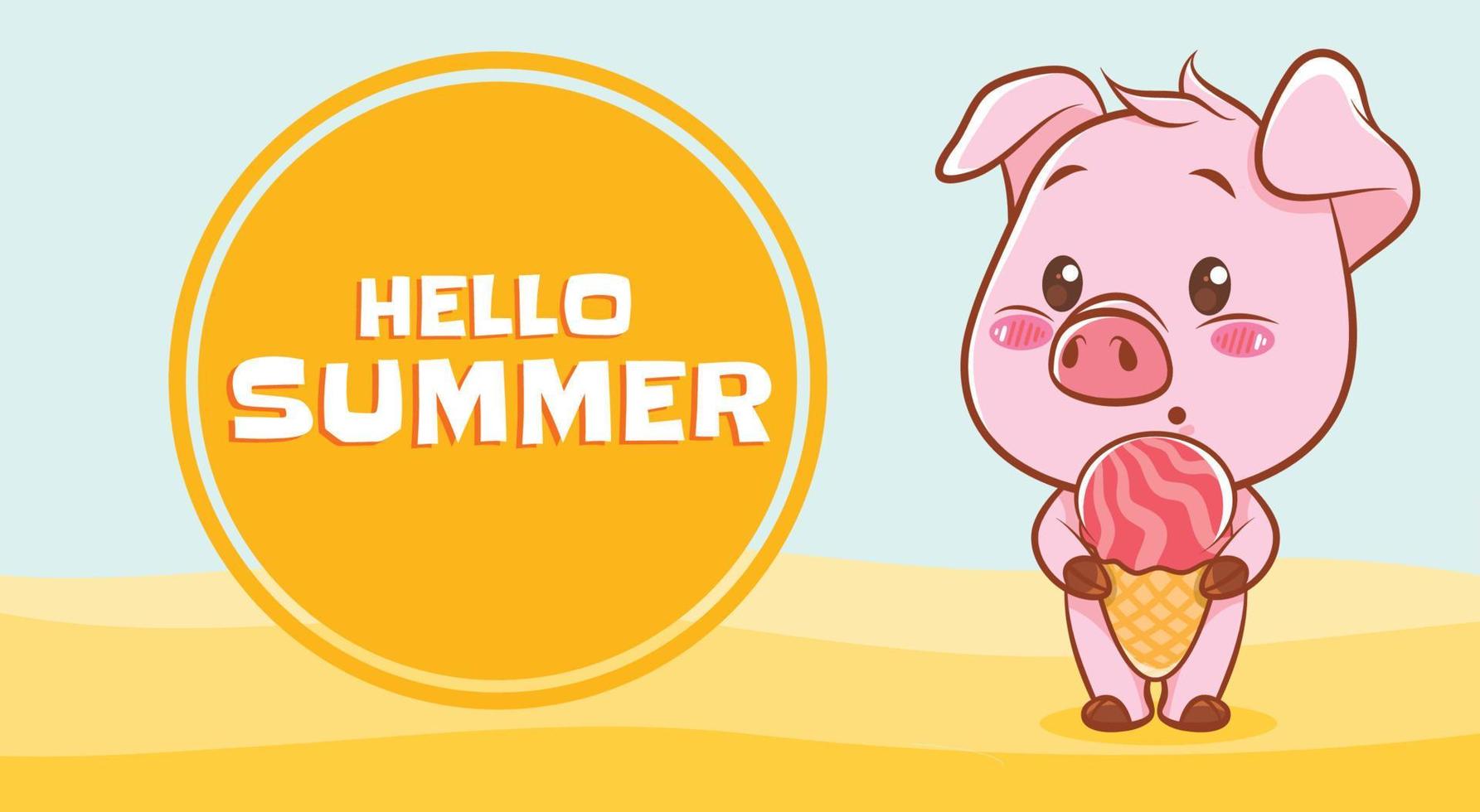 cute pig with a summer greeting banner. vector