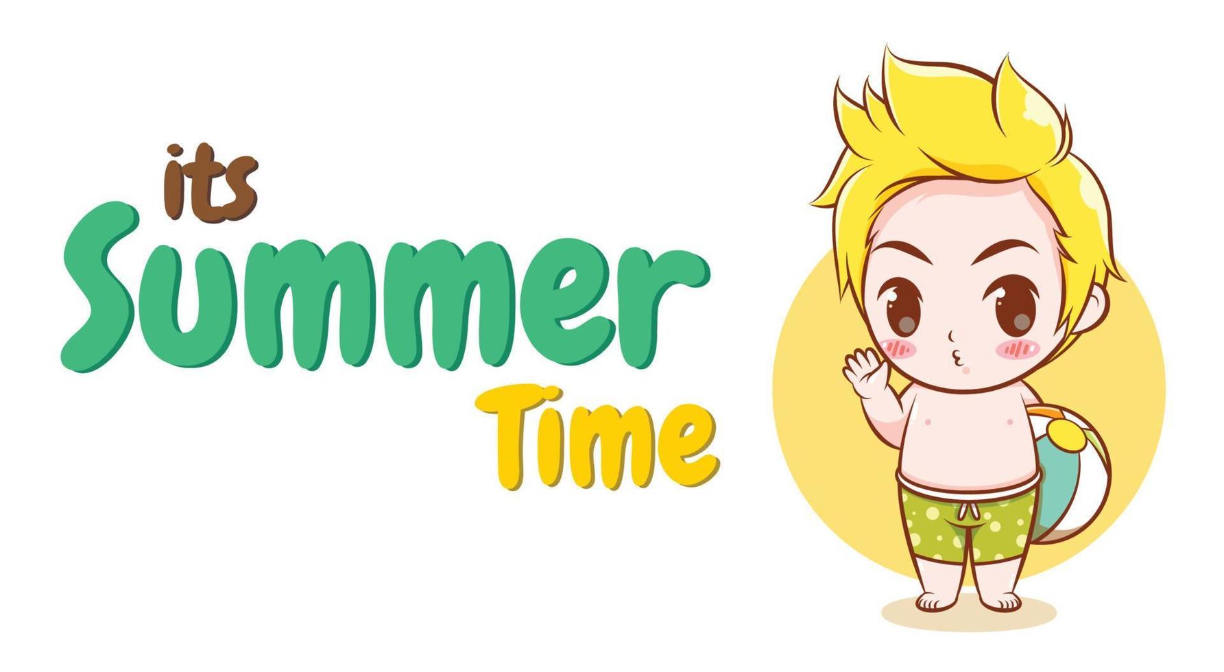 cute boy with a summer greeting banner. vector