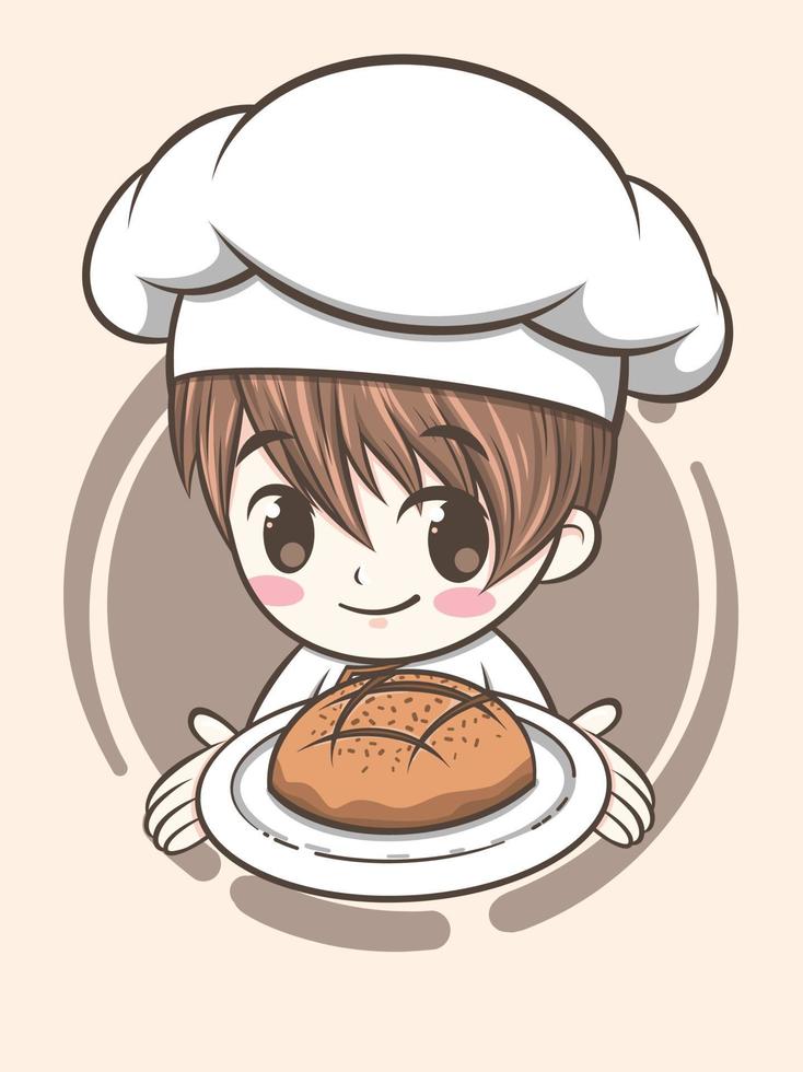 Lindo niño chef de panadería sosteniendo un pastel y pan - personaje de dibujos animados e ilustración de logotipo vector