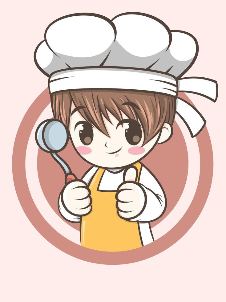 lindo niño chef sosteniendo una cuchara de dibujos animados de chef de sopa vector