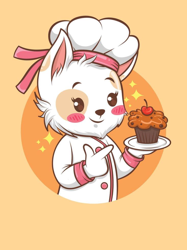 chef niña gatos nekcute sosteniendo un pastel. concepto de chef de panadería. personaje de dibujos animados y mascota vector