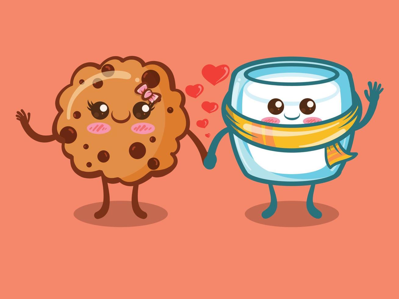 Cute cookies choco chips and milk glass couple concept. cartoon 4267389  Vector Art at Vecteezy