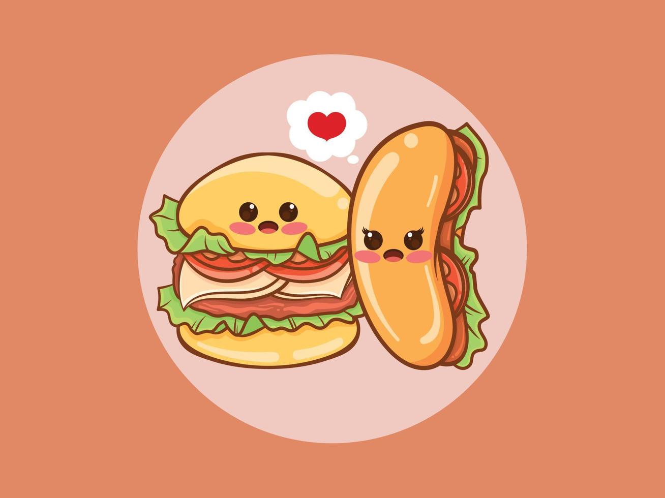 lindo concepto de pareja de hamburguesas y perros calientes. personaje de dibujos animados e ilustración. vector