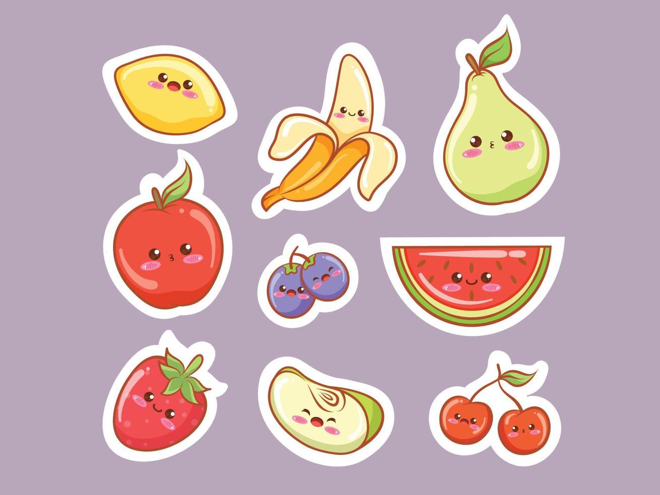 set of cute tropical fruits in kawaii sticker style. vector