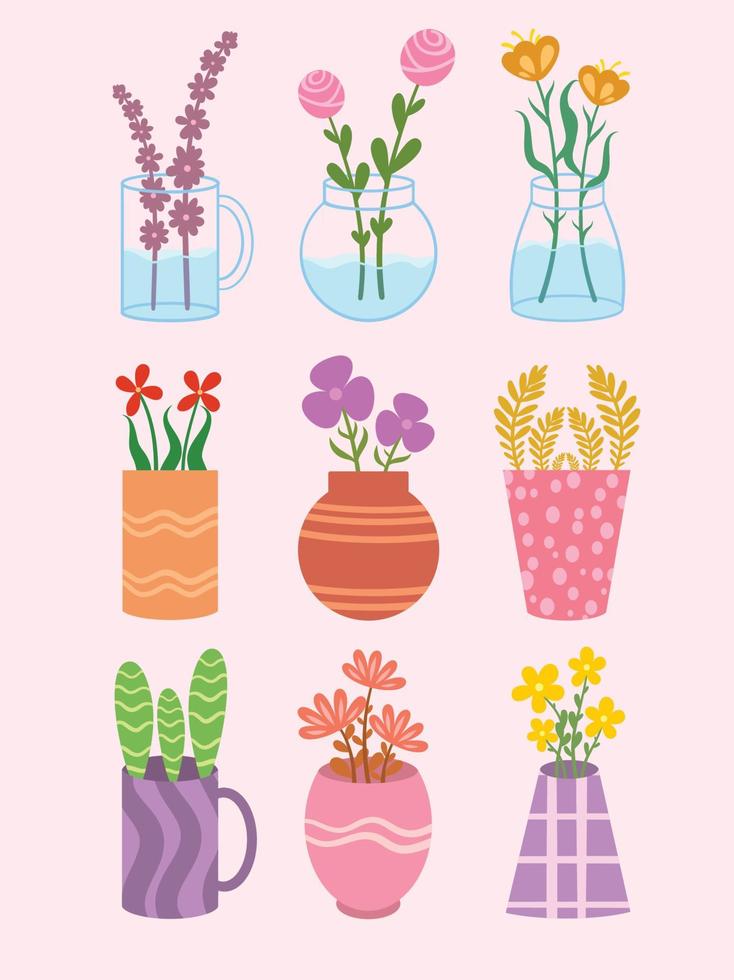 conjunto de dibujado a mano de una hermosa taza de té moderna de moda floral o una taza de vidrio con lindos adornos de flores. vector