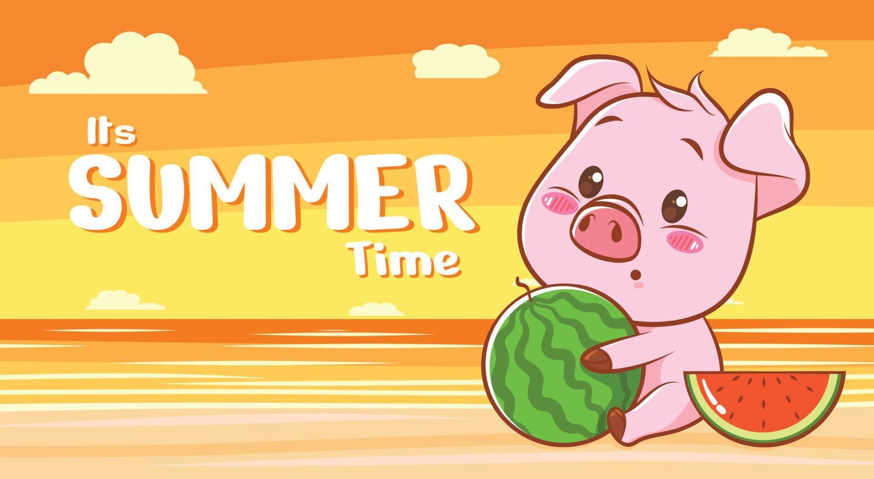 cute pig with a summer greeting banner. vector