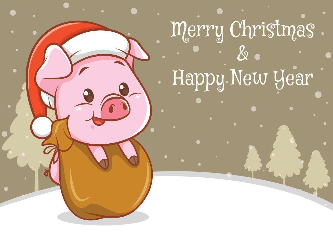 lindo personaje de dibujos animados de cerdo con feliz navidad y feliz año nuevo saludo banner vector