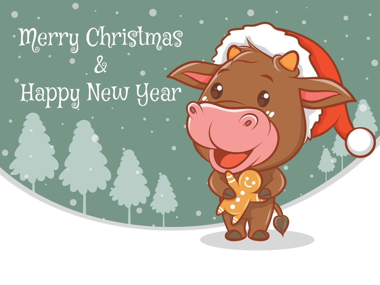 Lindo personaje de dibujos animados de vaca con feliz navidad y feliz año nuevo saludo banner. vector