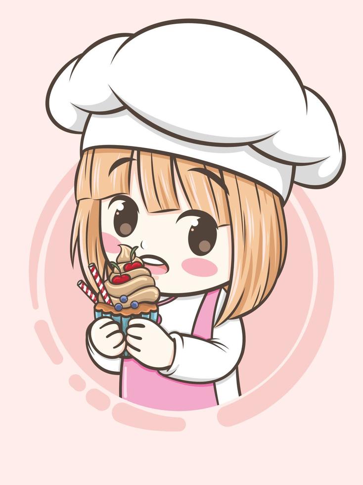 Linda chica chef de panadería sosteniendo un pastel y pan - personaje de dibujos animados e ilustración de logotipo vector