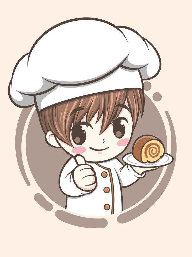 Lindo niño chef de panadería sosteniendo un pastel y pan - personaje de dibujos animados e ilustración de logotipo vector