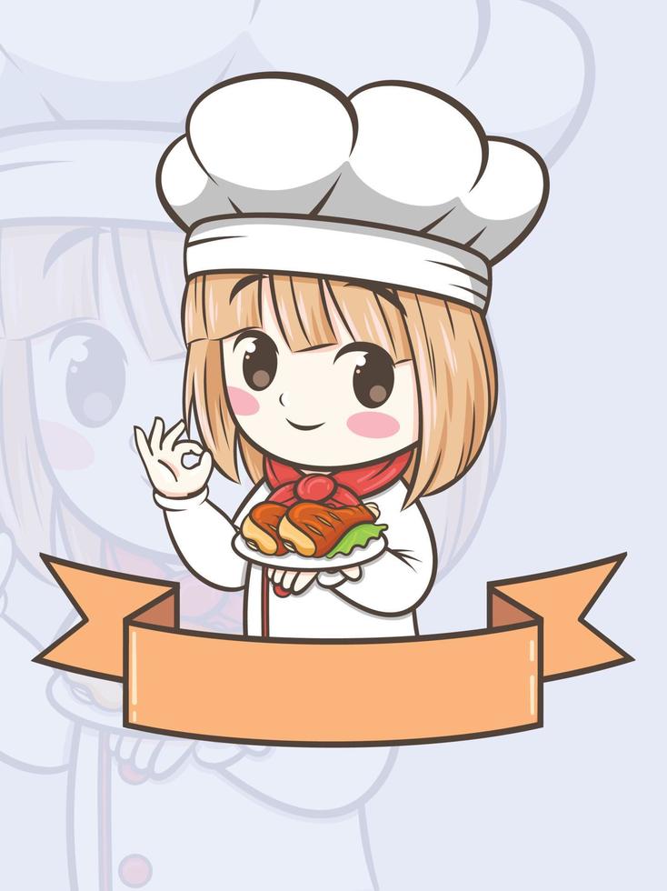 Cute barbecue chef girl holding a grilled chicken - cartoon character and logo illustration vector