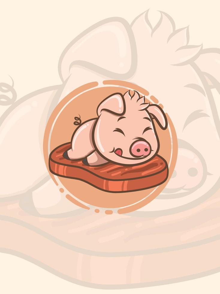 cute pig on a slice of grilled pork - mascot and illustration vector