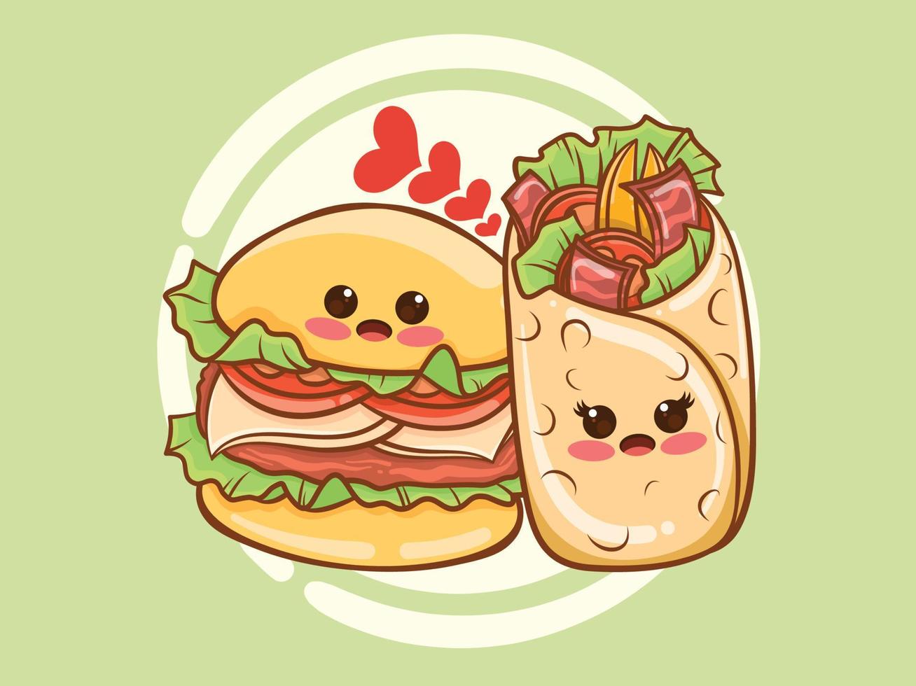 cute kebab and burger couple concept. cartoon vector