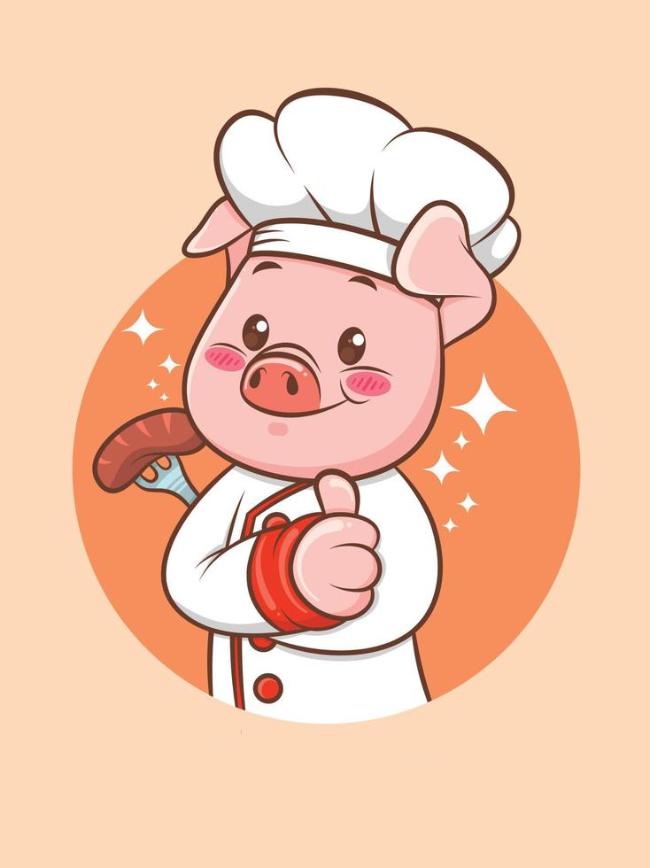 Cocinero de cerdo lindo sosteniendo una salchicha a la parrilla. personaje de dibujos animados e ilustración de mascota. vector