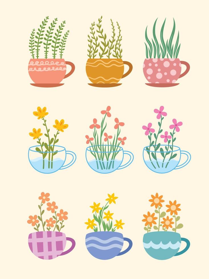 conjunto de dibujado a mano de una hermosa taza de té moderna de moda floral o una taza de vidrio con lindos adornos de flores. vector