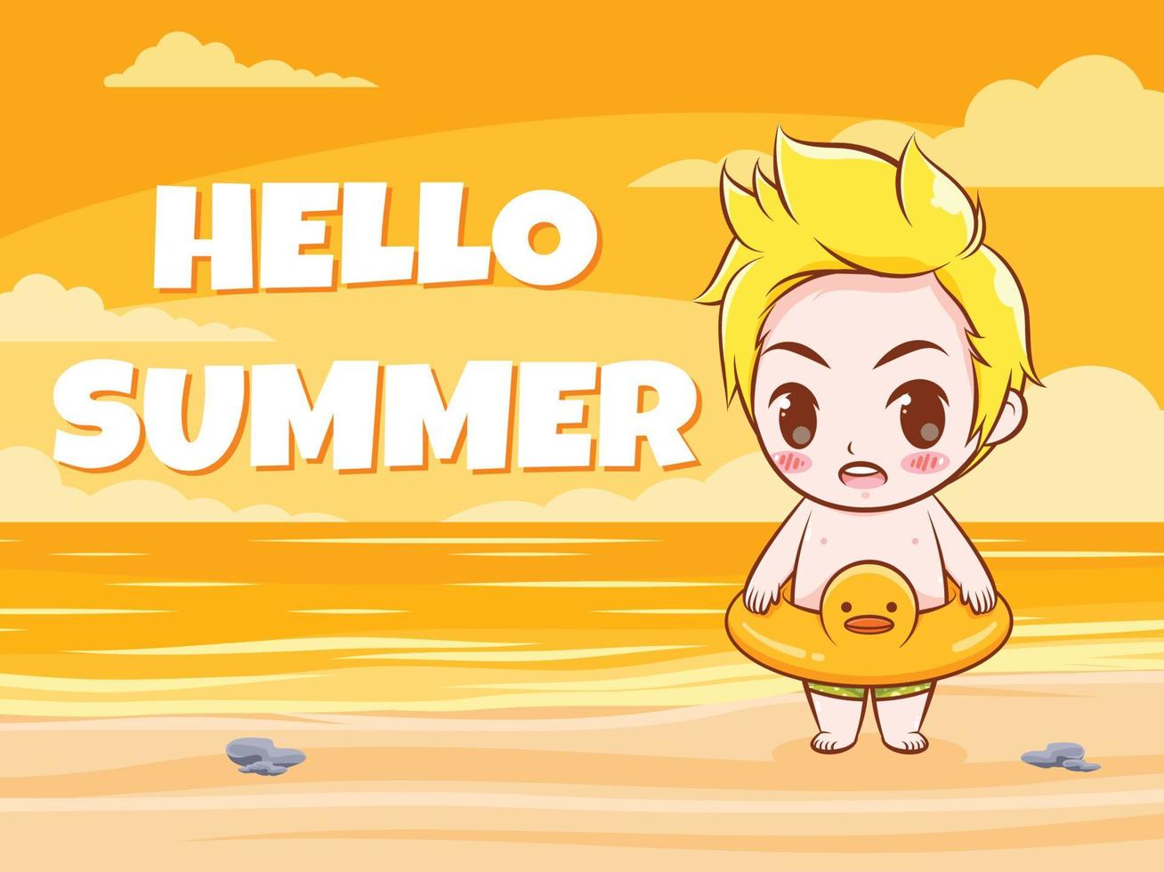 A cute boy says hello summer. summer greeting concept illustration. vector