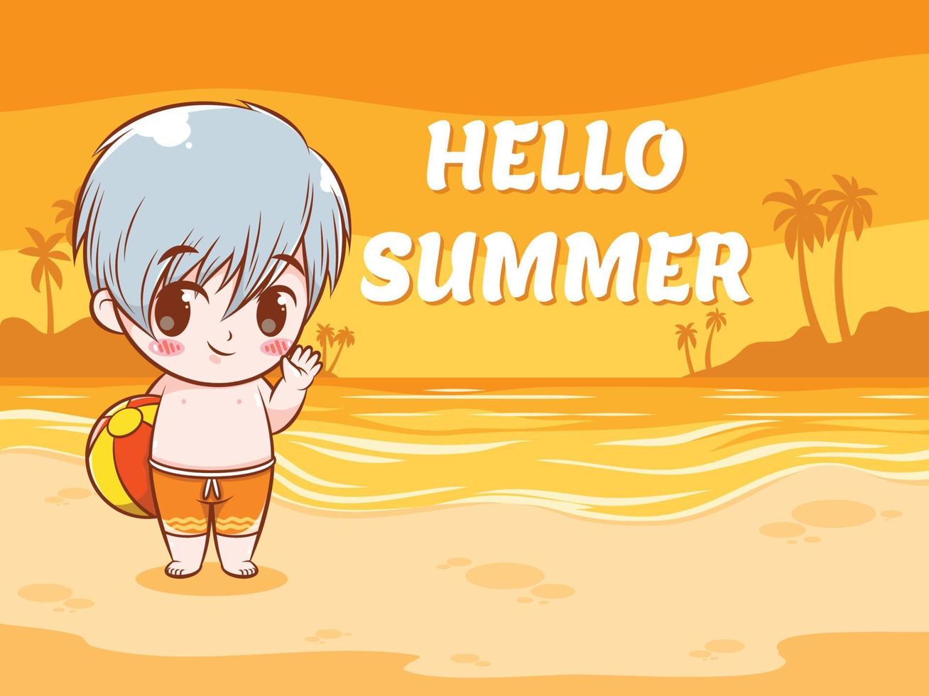 A cute boy says hello summer. summer greeting concept illustration. vector