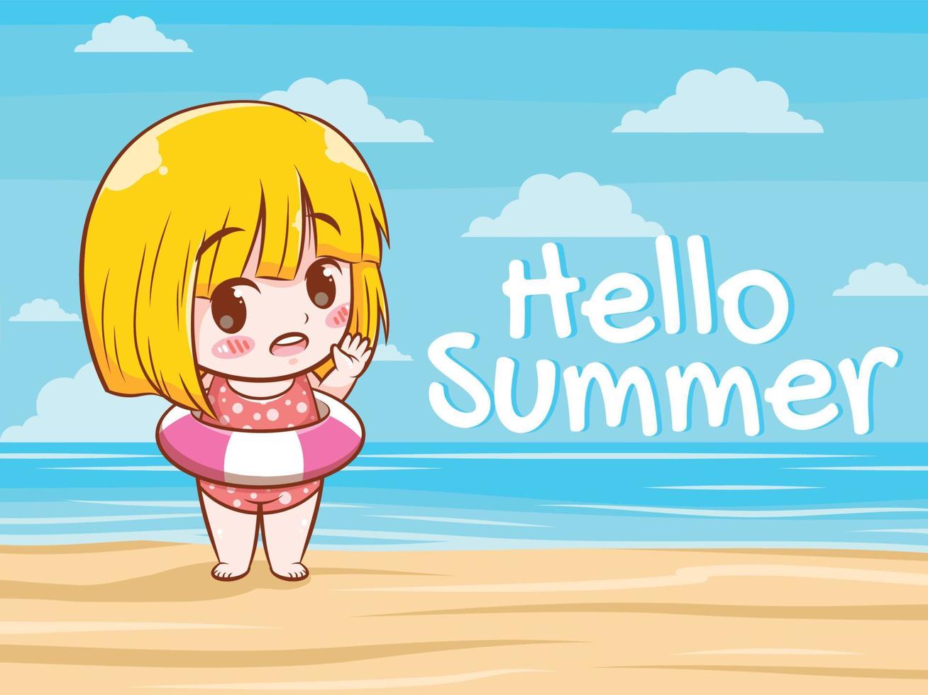 una linda chica dice hola verano. Ilustración de concepto de saludo de verano. vector