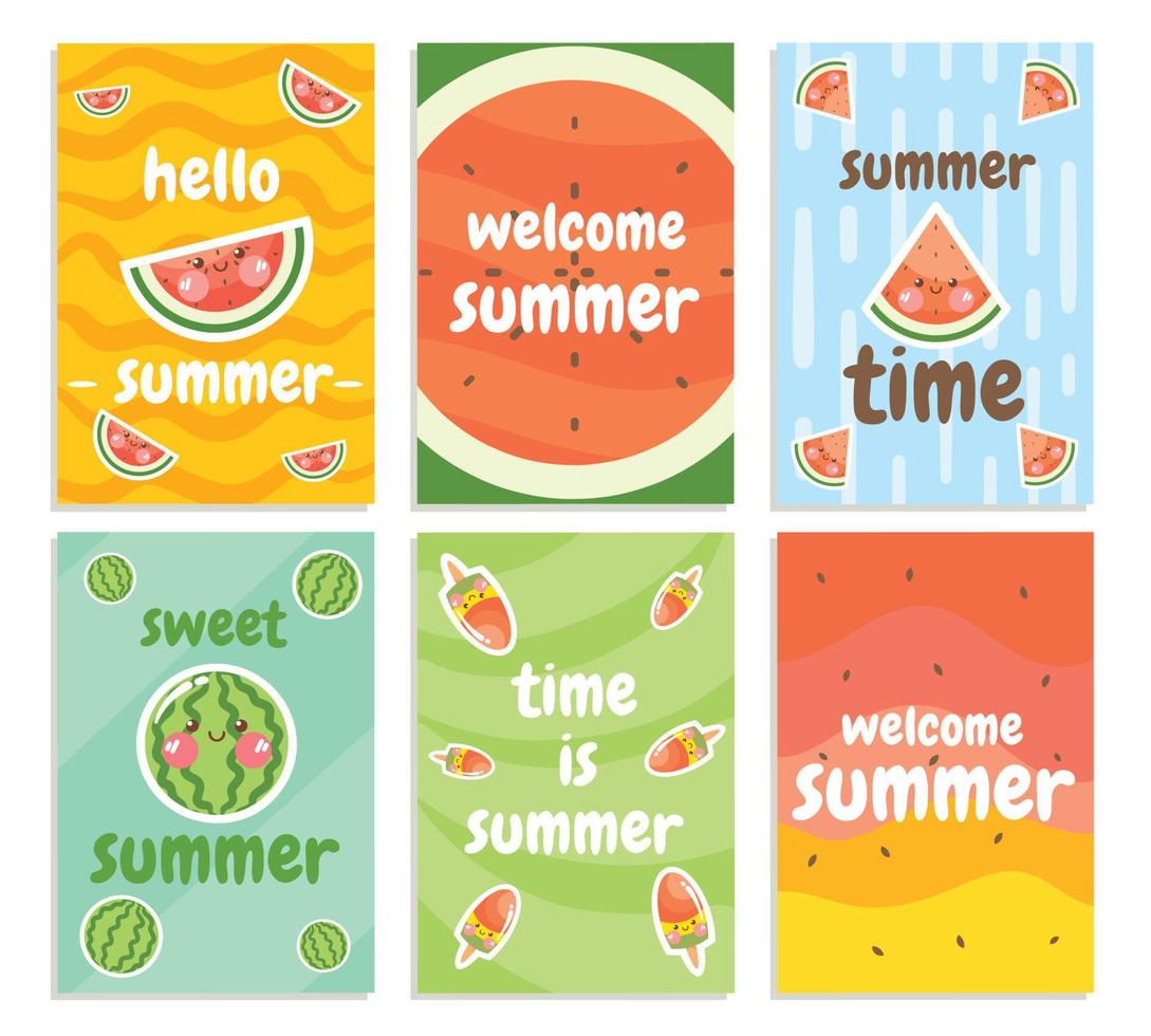 conjunto de una linda colección de tarjetas de verano de frutas de sandía vector