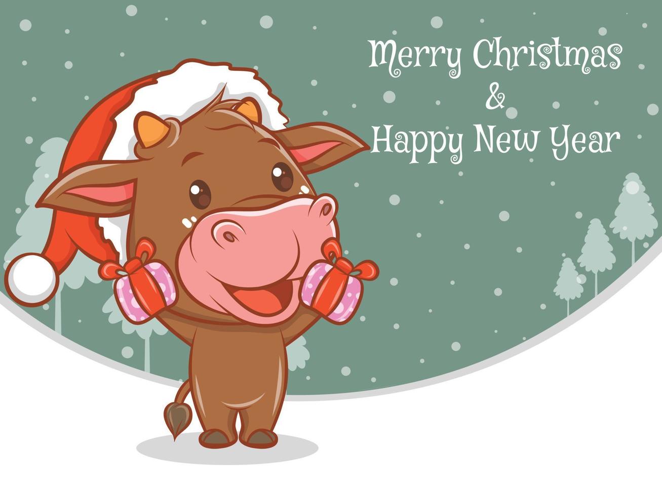 cute cow cartoon character with merry Christmas and happy new year greeting banner. vector