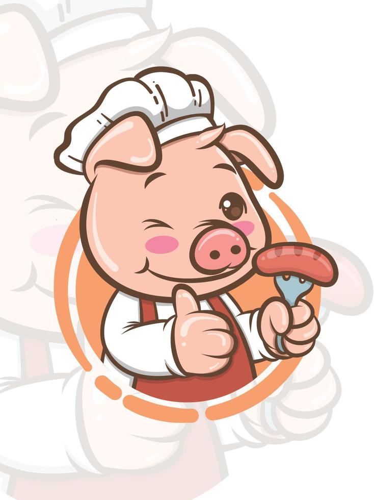 Lindo personaje de dibujos animados de cerdo chef con salchicha a la parrilla - mascota e ilustración vector