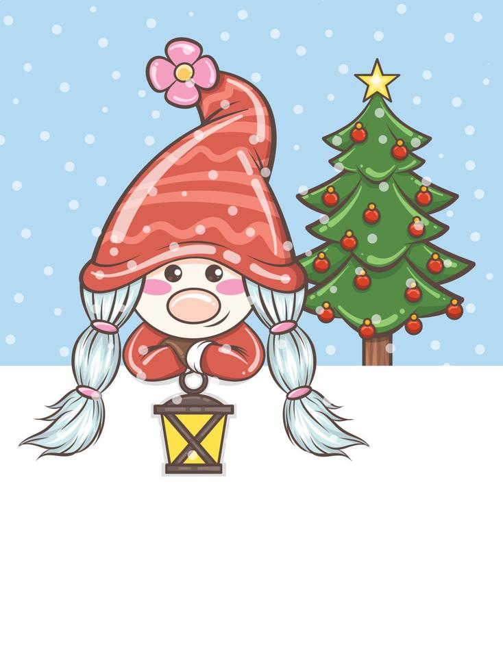 linda chica gnomo sosteniendo una linterna ilustración navideña vector