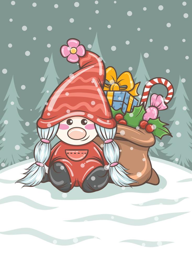 cute gnome girl illustration with Christmas gift bag vector