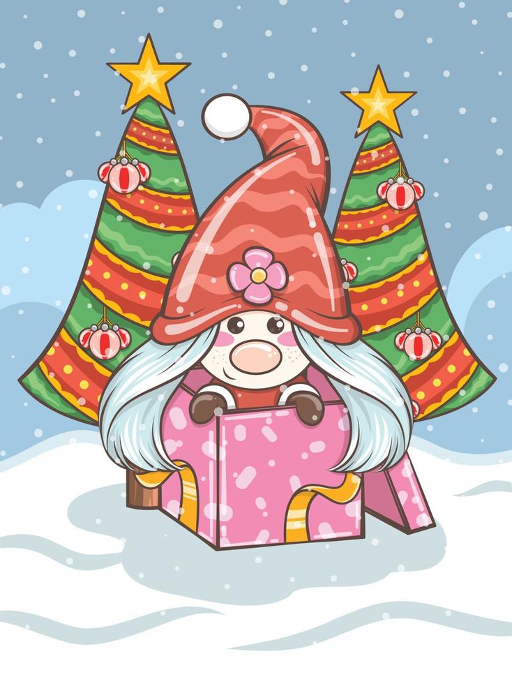 linda ilustración de niña gnomo con caja de regalo de navidad vector