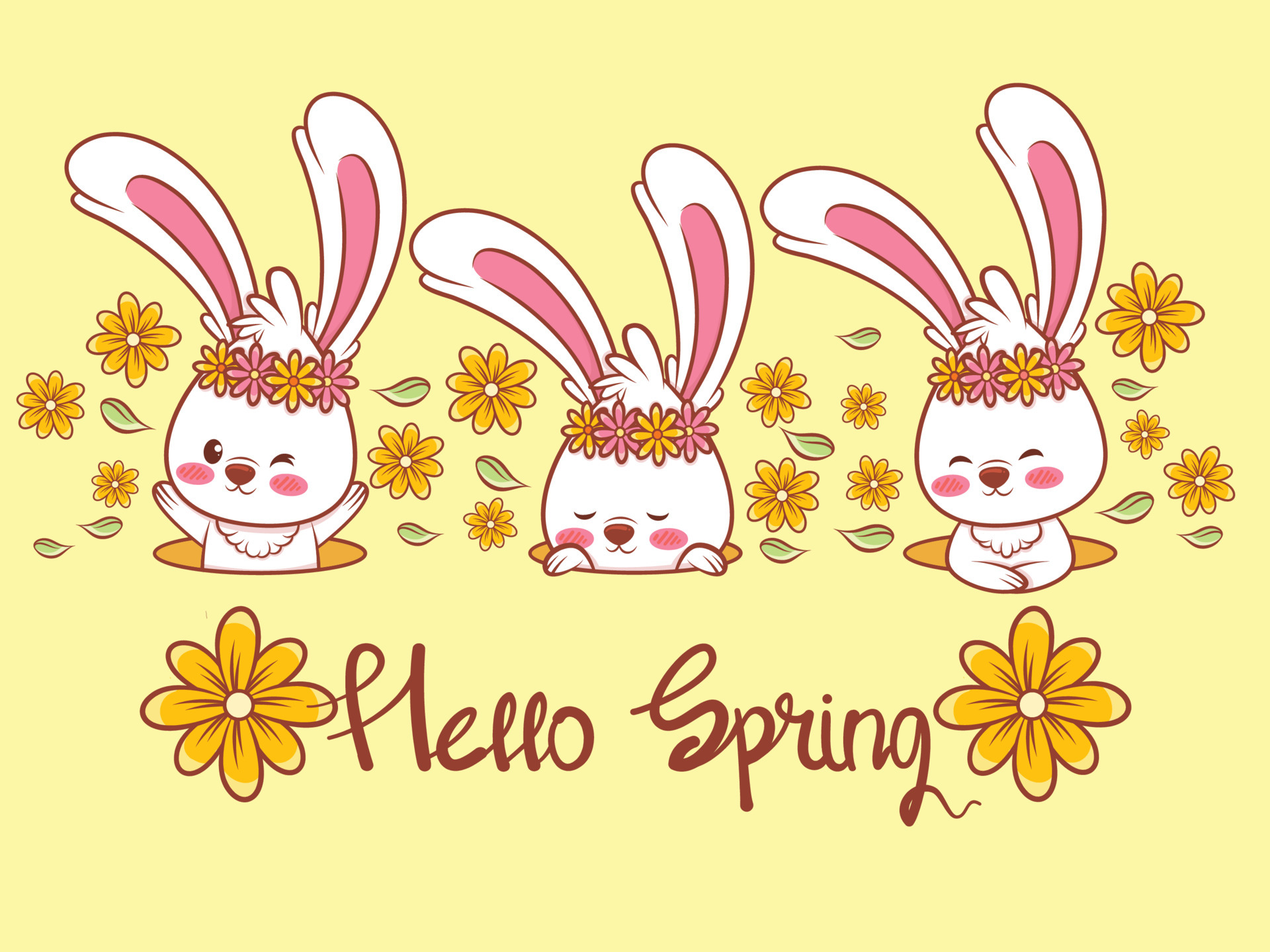 cute bunny with a flower spring. cartoon character illustration hello