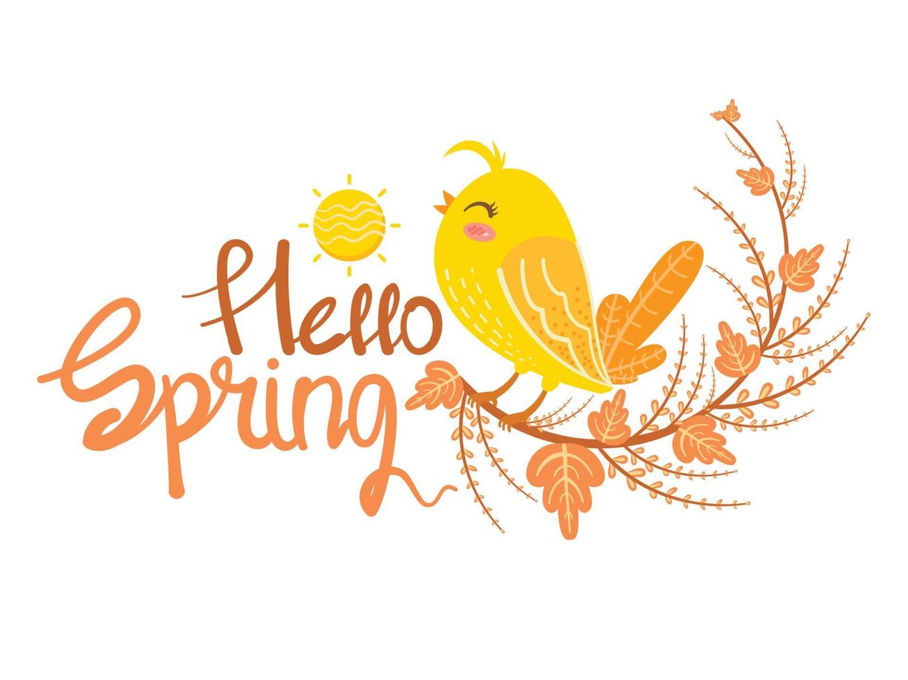 Cute bird with flowers and leaf. hello spring card illustration vector