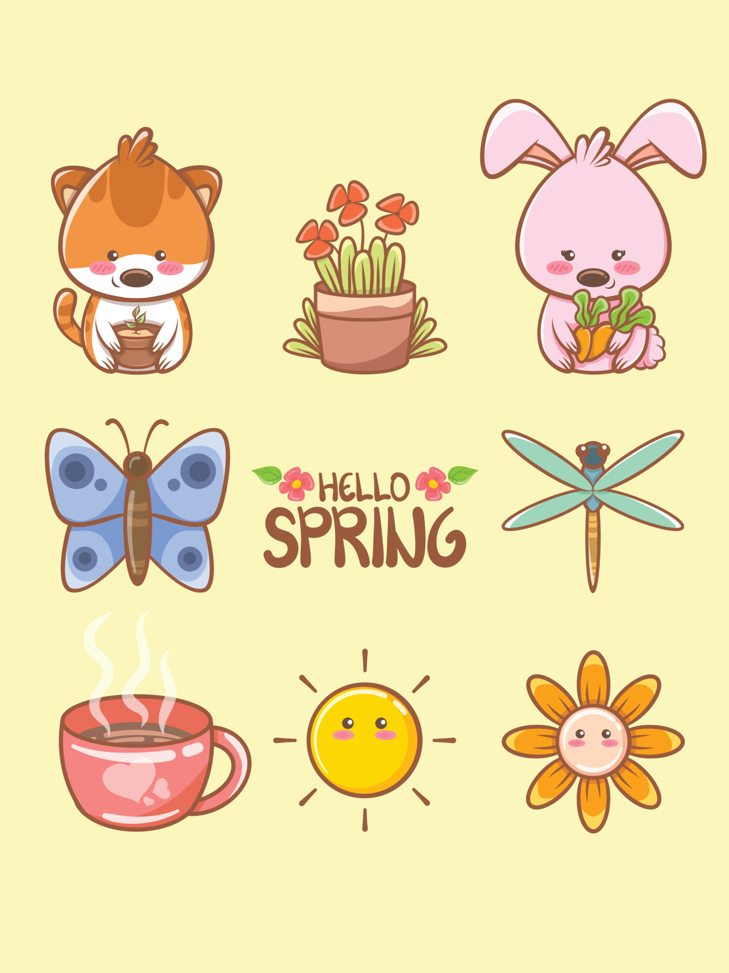 pretty spring element cartoon character and illustration card. hello