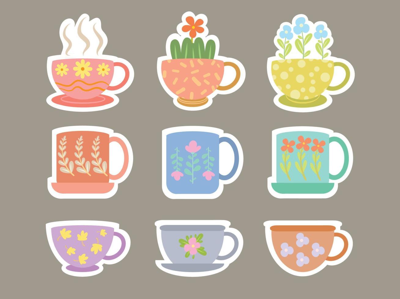 conjunto de tazas o tazas de té dibujadas a mano con lindos adornos florales. estilo de etiqueta e ilustración. vector