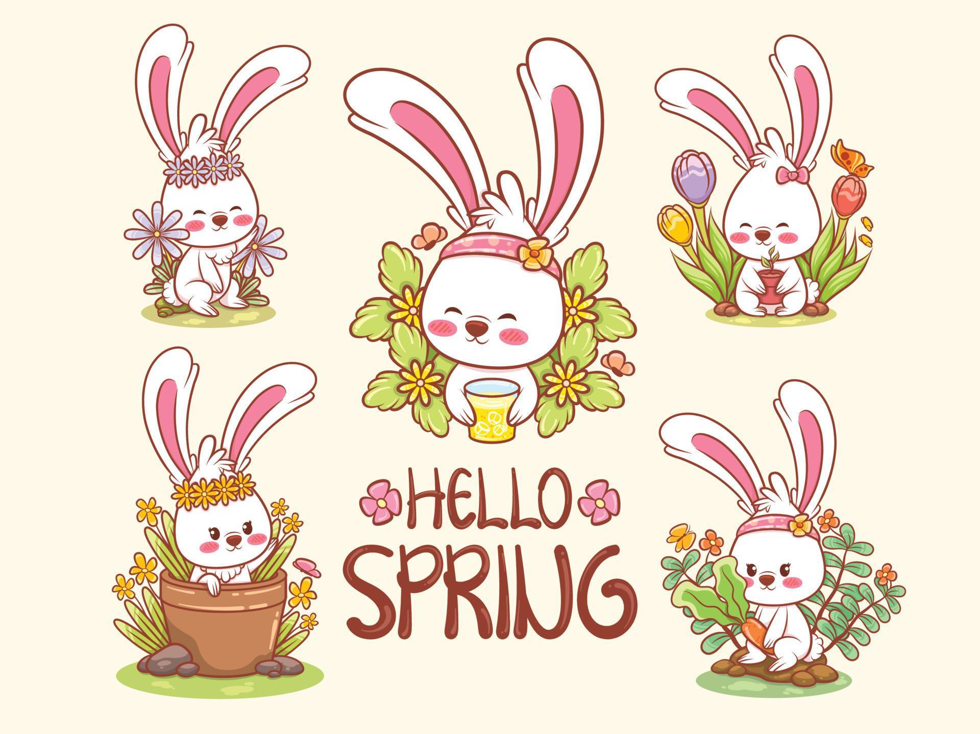 set of a cute bunny on spring. cartoon character illustration hello
