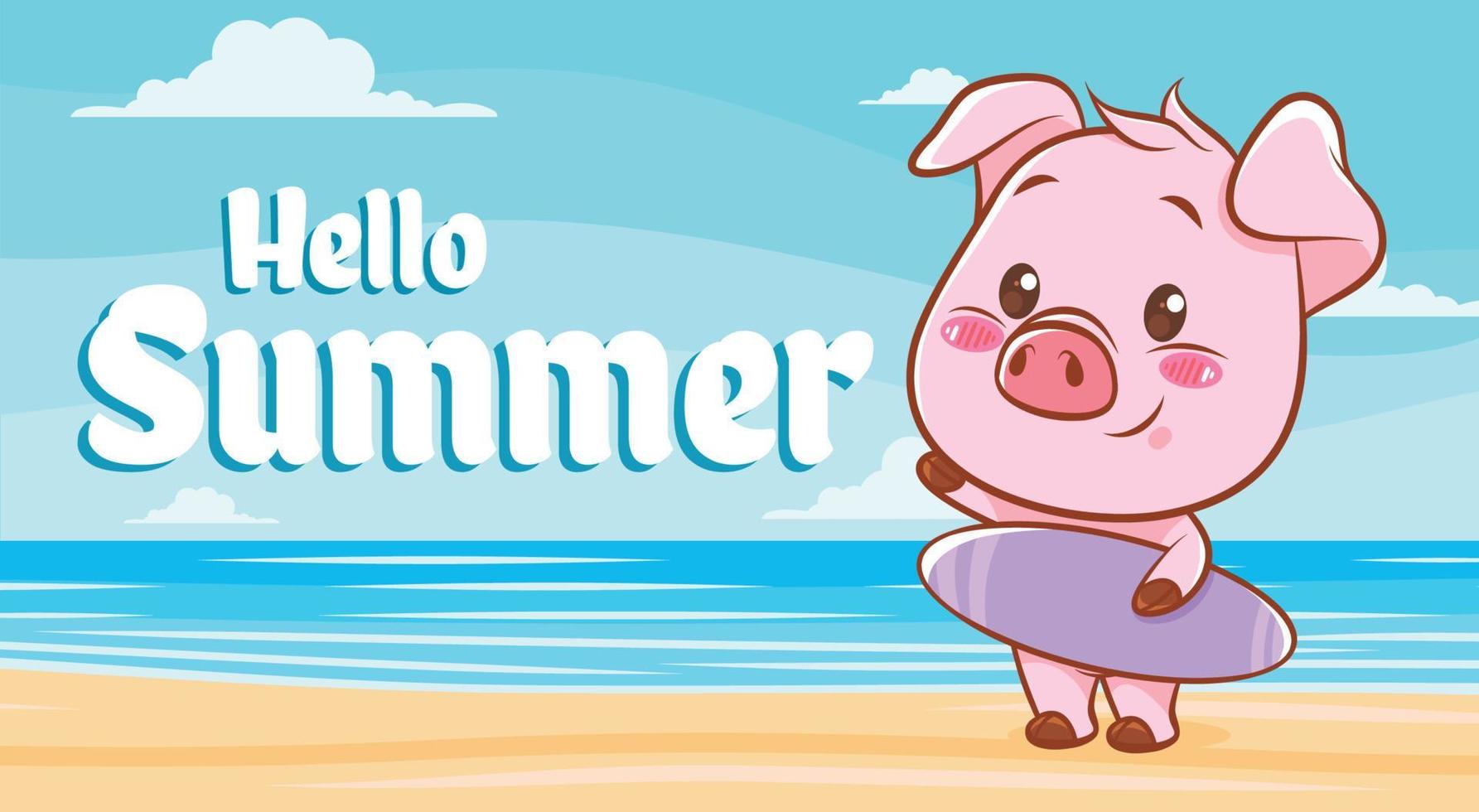 cute pig with a summer greeting banner. vector