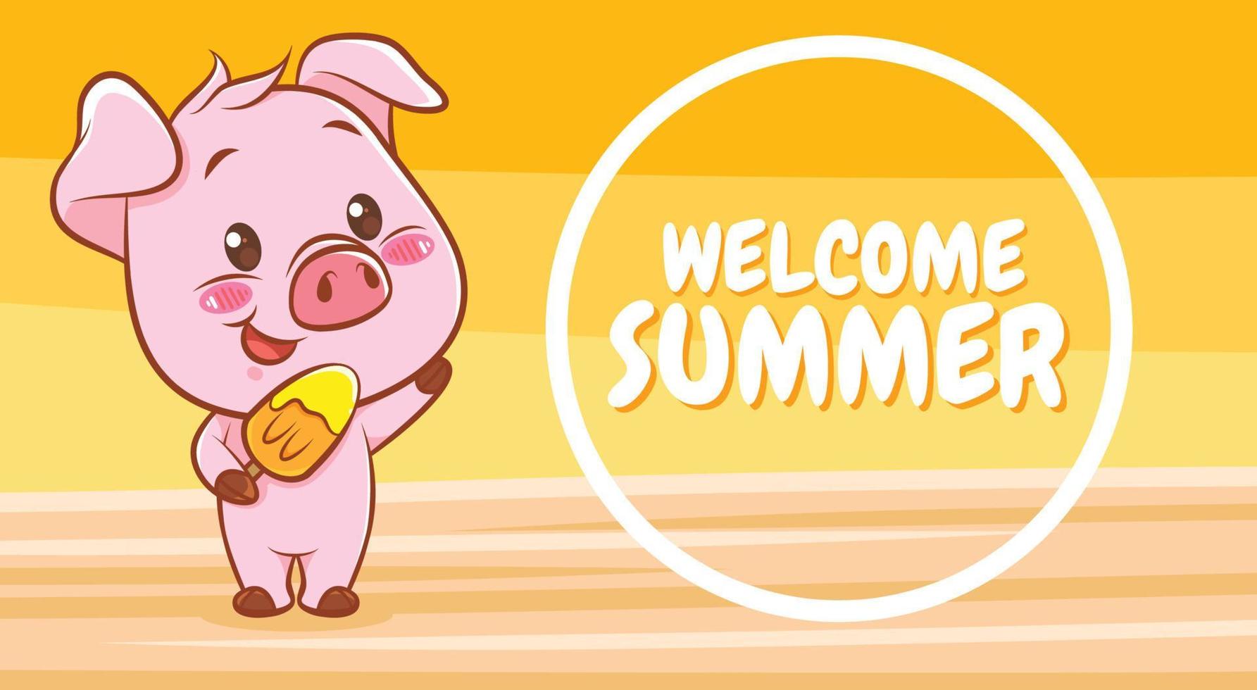 cute pig with a summer greeting banner. vector