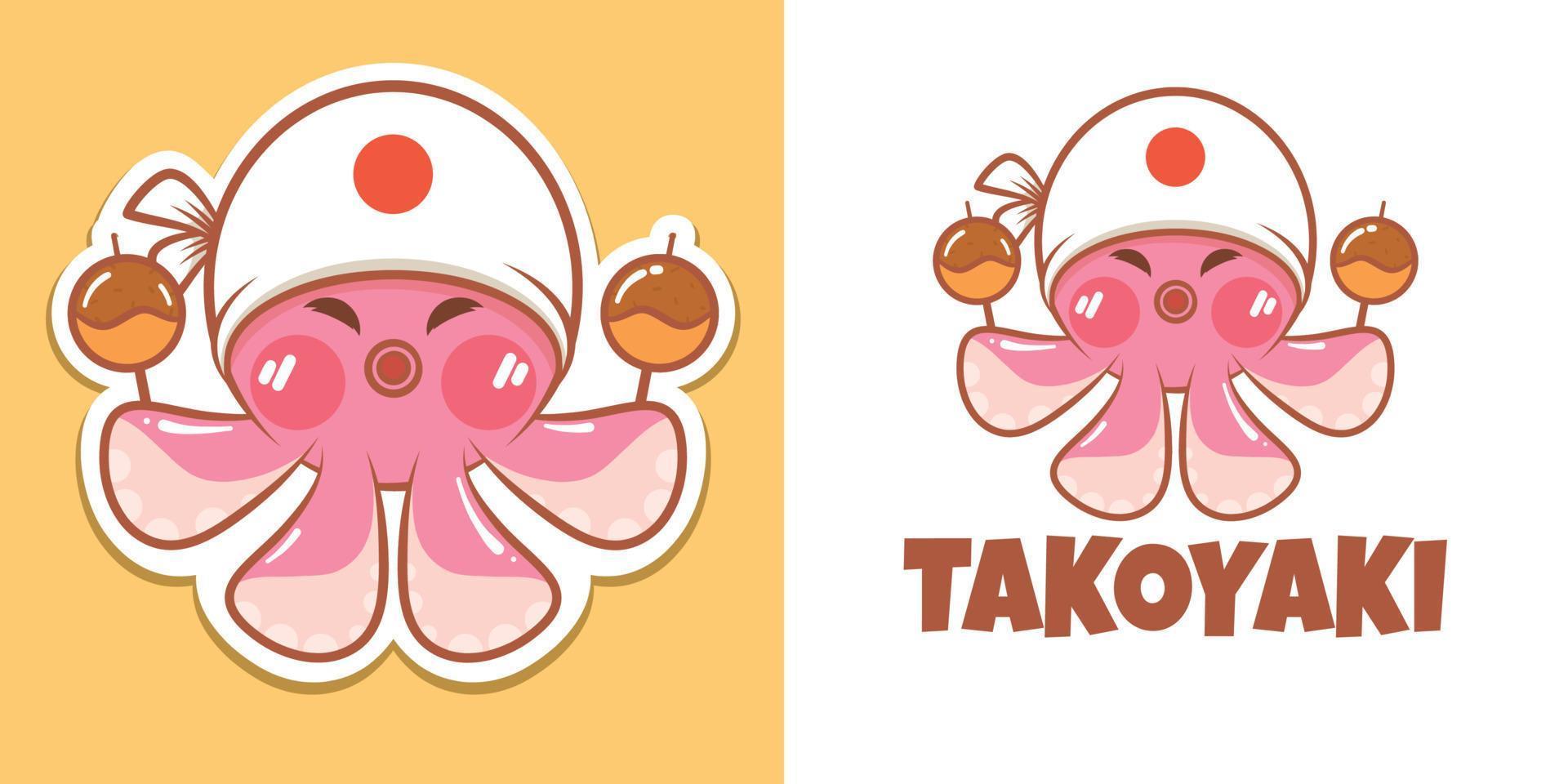 A cute octopus cartoon character takoyaki logo and mascot illustration vector