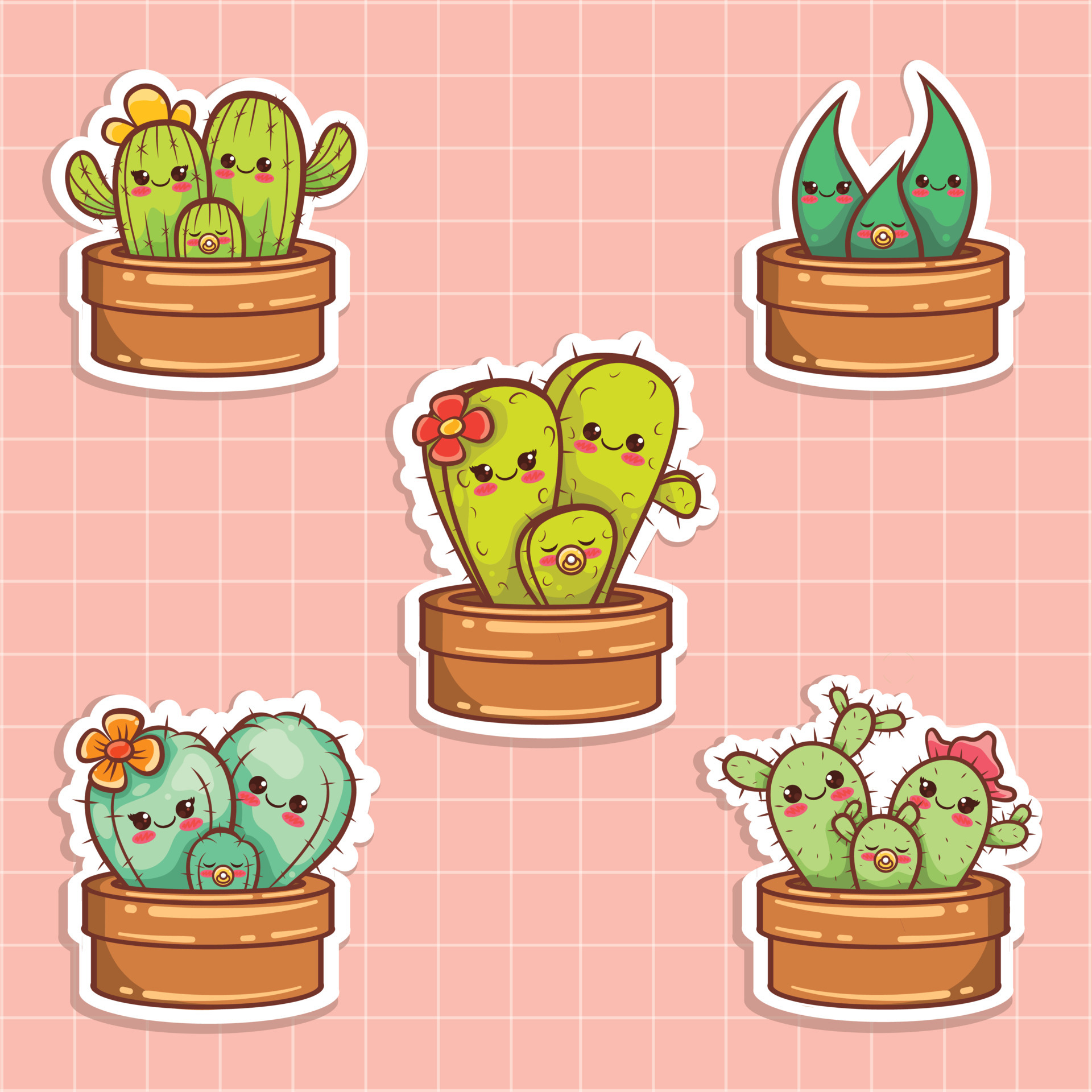 Set of cute succulents plant and cactus cartoon. sticker concept