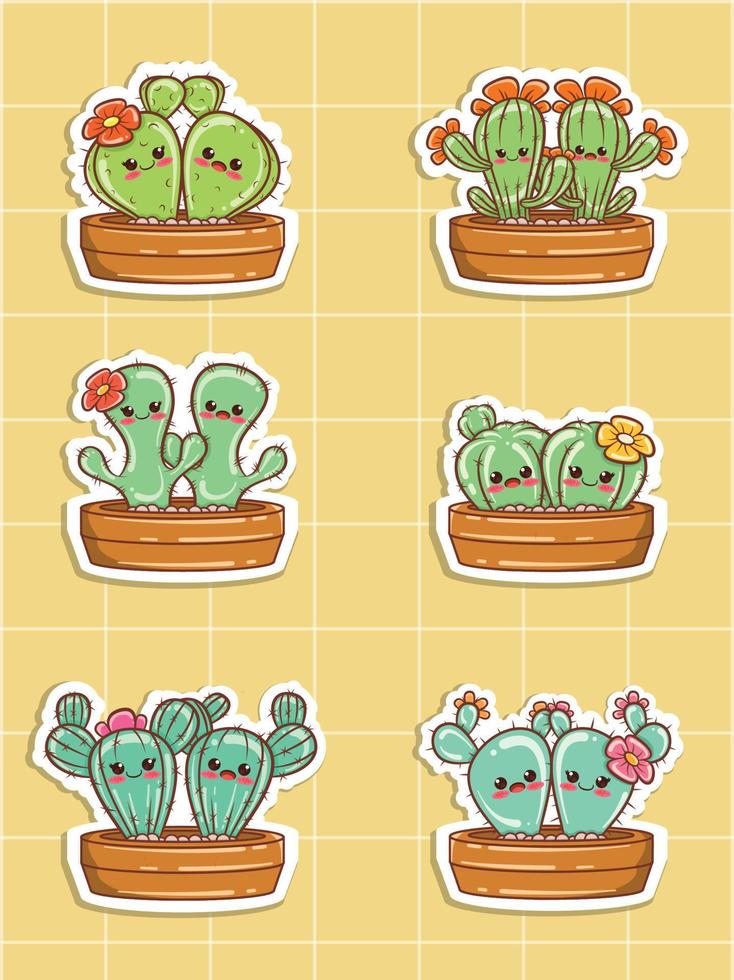 conjunto de ilustración de etiqueta engomada de dibujos animados lindo par de cactus vector